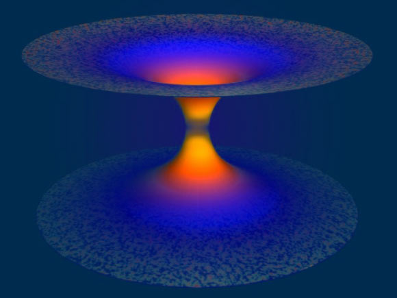 An artist’s depiction of loop quantum gravity effects in a black hole. The bottom half of the image depicts the black hole which, according to general relativity, traps everything including light. Loop quantum gravity overcomes this tremendous pull and liberates everything shown in the top half of image, thus solving the fundamental problem of black hole singularity. Image credit: A. Corichi & J.P. Ruiz.