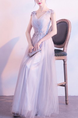 Vneck Aline Long Tulle Grey...