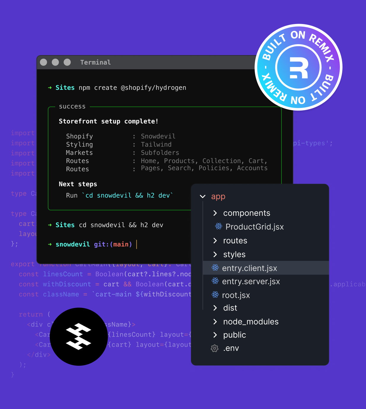 2 screens: a sample of Hydrogen code, and a command-line interface running Hydrogen