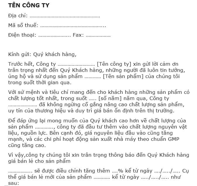 Một số mẫu thông báo tăng giá, điều chỉnh giá sản phẩm cập nhật ...