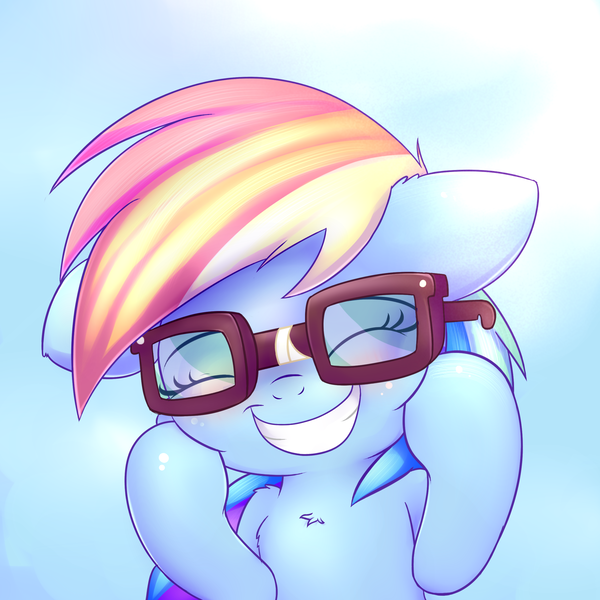 Size: 2400x2400 | Tagged: safe, artist:heavymetalbronyyeah, edit, rainbow dash, pegasus, pony, newbie dash, adorkable, broken glasses, cute, dashabetes, dork, eyes closed, female, floppy ears, glasses, image, mare, nostrils edit, png, reading rainboom, smiling, solo, weapons-grade cute