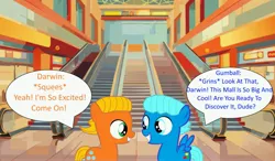 Size: 3833x2238 | Tagged: safe, artist:memeartboi, derpibooru import, ponified, earth pony, pegasus, pony, g4, best friends, bff, brothers, colt, darwin watterson, duo, duo male, escalator, foal, grin, gumball watterson, image, indoors, jpeg, looking at each other, looking at someone, male, mall, pegasus wings, shopping mall, siblings, smiling, speech bubble, spread wings, squee, standing, teeth, text, the amazing world of gumball, wings