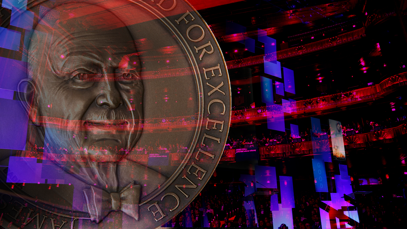 Collage of a James Beard Award medal superimposed over a crowd shot of a theater hall.