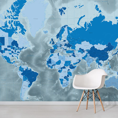 Icy Cool Blue Tones World Map Wallpaper wall mural design in situ with white chair