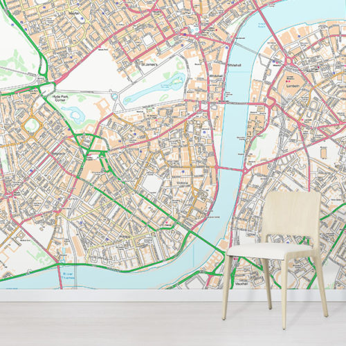 Customised OS Street Map Wallpaper Wall mural in situ with chair