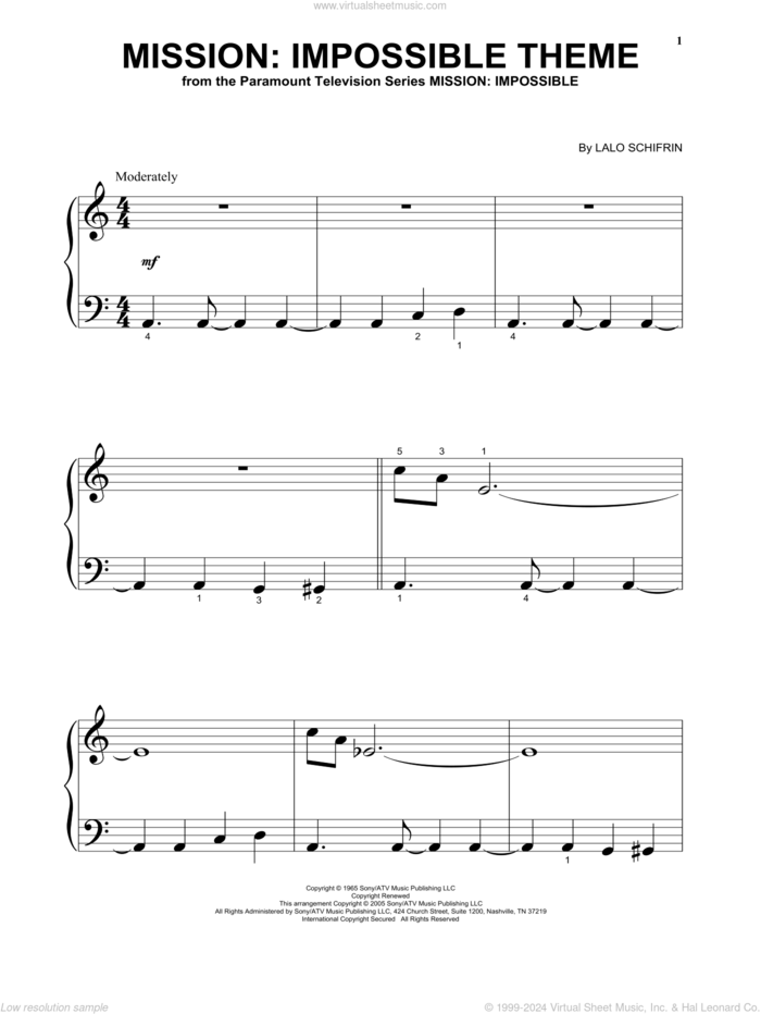 Mission: Impossible Theme, (beginner) sheet music for piano solo by Lalo Schifrin, beginner skill level