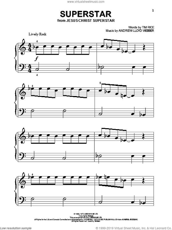 Superstar (from Jesus Christ Superstar), (beginner) sheet music for piano solo by Andrew Lloyd Webber, Jesus Christ Superstar (Musical) and Tim Rice, beginner skill level