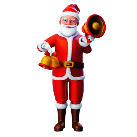 Santa Claus Showing Christmas Bell And Loudspeaker  3D Illustration