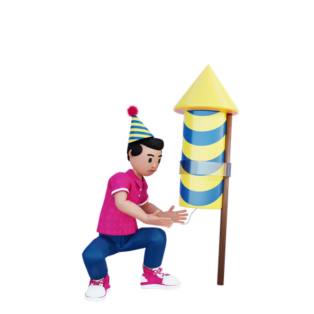 Young boy ignite firecracker rocket  3D Illustration