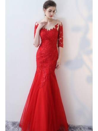 Mermaid Lace Tulle Elegant Prom Dress With Half Sleeves