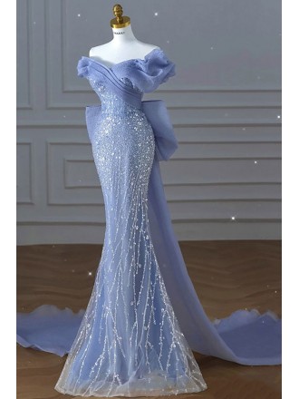 Stunning Big Bow Train Mermaid Sequined Prom Dress