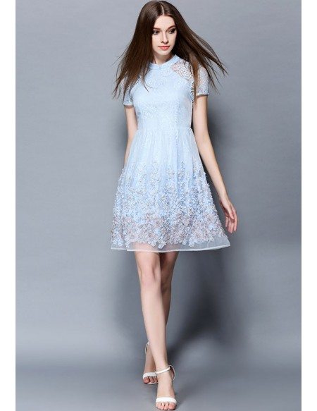 Baby Blue Lace Short Wedding Guest Dress