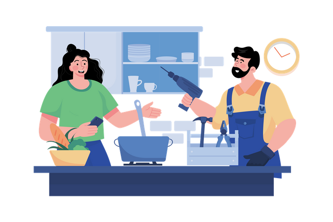 A homeowner hires a construction contractor to renovate their kitchen  Illustration