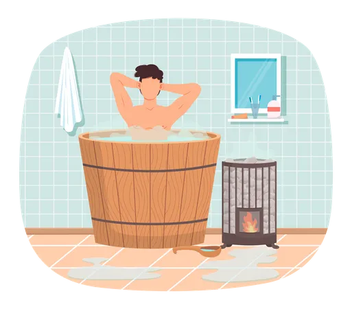 Bathhouse or banya at home interior design. Guy in barrel resting in sauna. Man in hot steam  Illustration