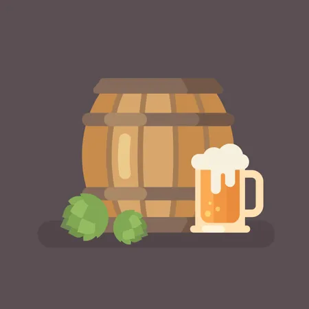 Beer barrel, hop and beer mug  Illustration