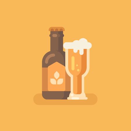 Beer bottle and beer glass on orange background  Illustration