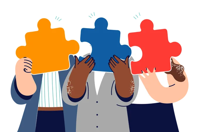 Business people association hides faces behind puzzle pieces  Illustration