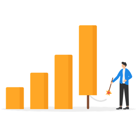 Businessman ignite firework rocket bar graph to increase company growth  Illustration