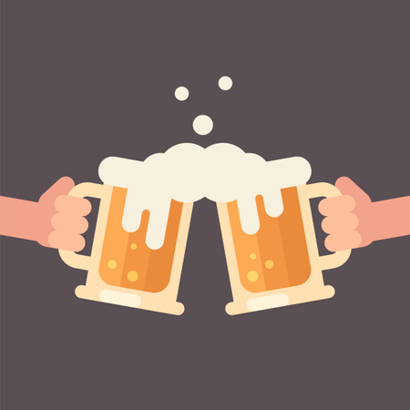 Cheers, two hands holding beer mugs  Illustration