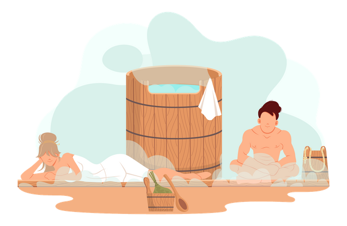 Couple in hot steam near big barrel spend time together  Illustration