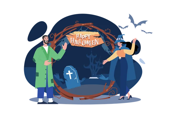 Couple welcoming to Halloween party  Illustration