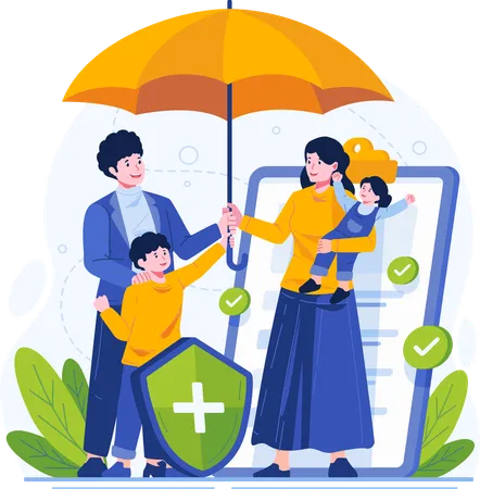 Family Life Happy Family Standing Under an Umbrella Together Protected by Insurance  Illustration