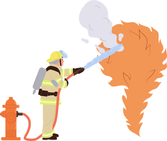 Firefighter in uniform putting on fire using hydrant  Illustration