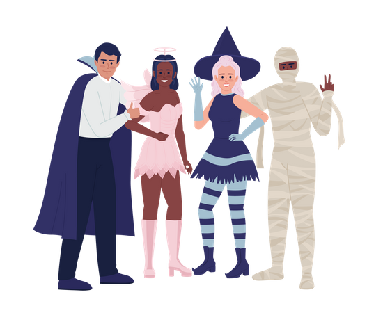 Friends in costumes posing together on party  Illustration