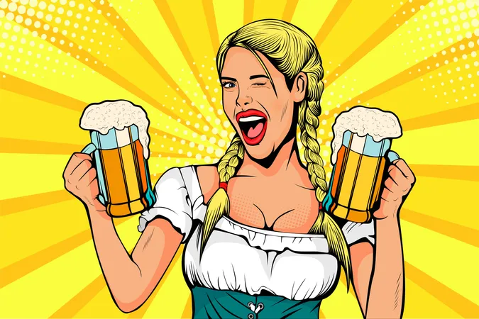 Germany Girl waitress carries beer glasses  Illustration