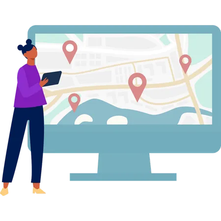 Girl looking location pins on monitor  Illustration