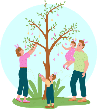 Hanging Easter eggs on tree  Illustration