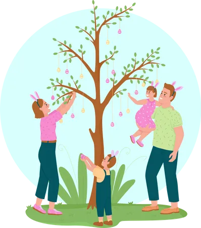 Hanging Easter eggs on tree  Illustration