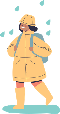 Happy child in raincoat walk to school with backpack protected from rain weather  Illustration