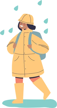 Happy child in raincoat walk to school with backpack protected from rain weather  Illustration