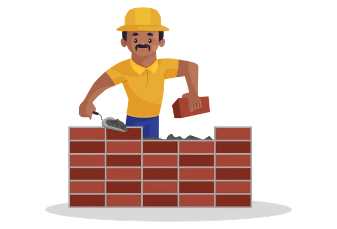 Indian builder is making a wall with cement and bricks  Illustration