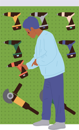 Man customer choosing electric drill hanged on showcase at tools shop  Illustration