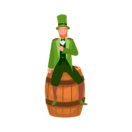 Man in Leprechaun Costume sitting on oak barrel  Illustration