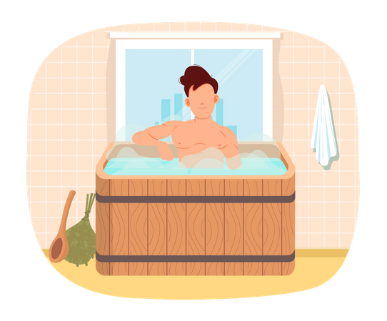 Man sitting in font with hot water. Guy taking bath and having rest in wooden barrel at free time  Illustration