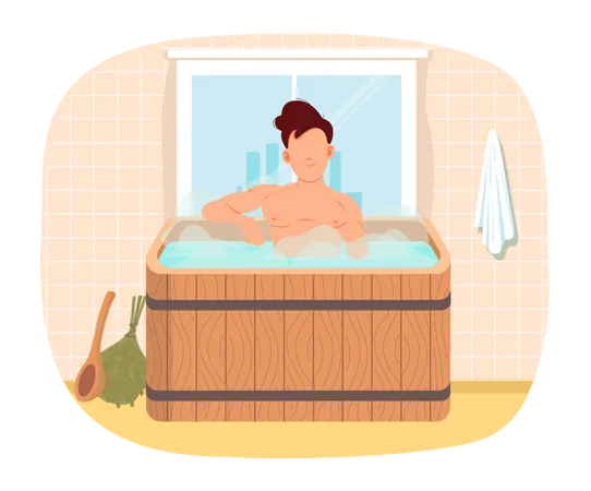 Man sitting in font with hot water. Guy taking bath and having rest in wooden barrel at free time  Illustration