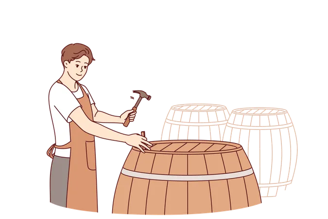 Man winemaker opening barrel with finished drink to taste bordeaux made from organic grapes  Illustration