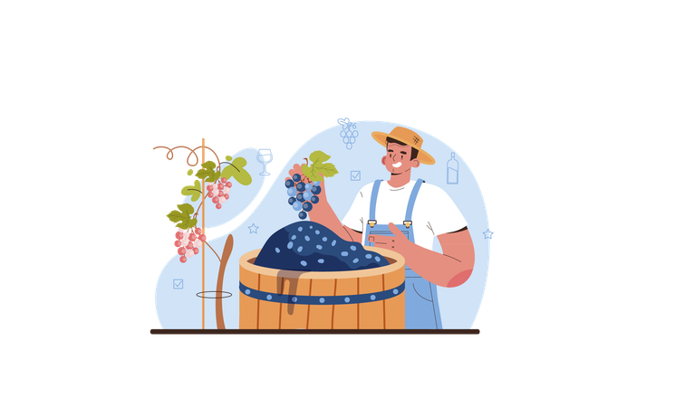 Man with Grape wine aging in wood barrel  Illustration