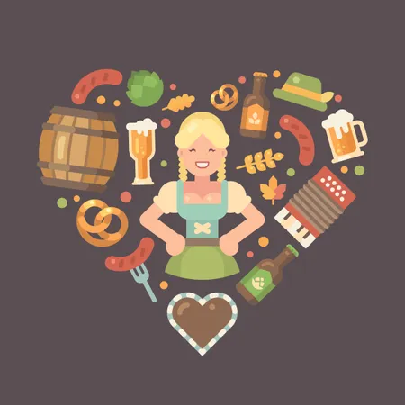 Oktoberfest flat icons arranged into heart around beer maid in dirndl dress  Illustration