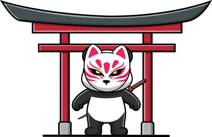 Panda Wearing Kitsune Mask And Katana On Torii Gate Illustration  Illustration