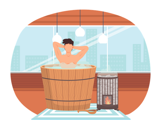 Person cleans skin in water heated by fire device in sauna. Young man is sitting in barrel  Illustration