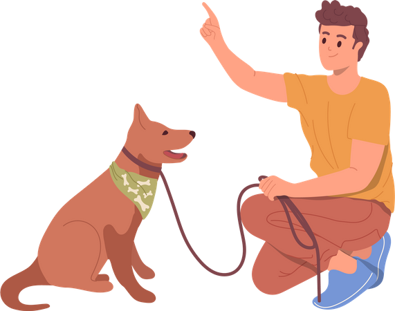 Pet owner teaching loving dog new command during walk outdoors  Illustration