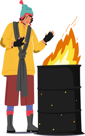 Sad Woman Beggar Warming Hands on Fire Burning in Metal Barrel  Illustration