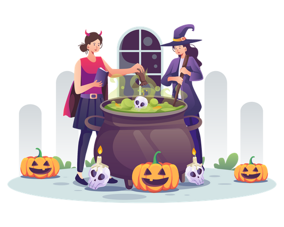 Witch girls making Halloween potion  Illustration