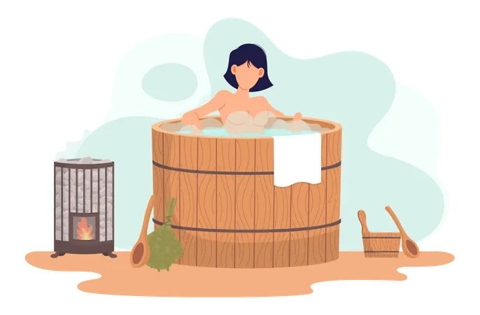 Woman bathing in barrel  Illustration