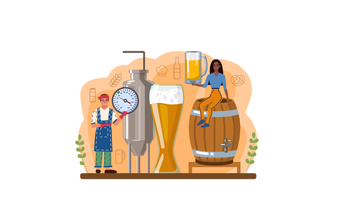 Woman prepares beer in barrel  Illustration