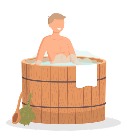 Young man sitting in tub washing his body in sauna  Illustration